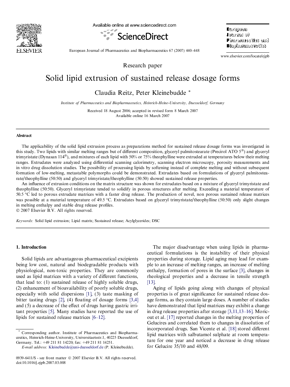 Solid lipid extrusion of sustained release dosage forms