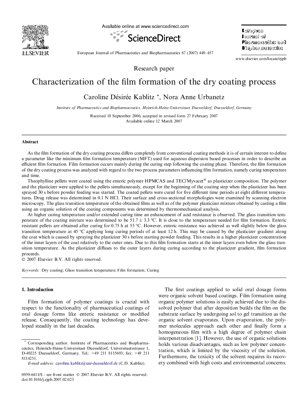 Characterization of the film formation of the dry coating process