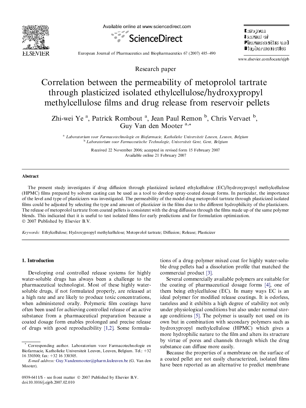 Correlation between the permeability of metoprolol tartrate through plasticized isolated ethylcellulose/hydroxypropyl methylcellulose films and drug release from reservoir pellets