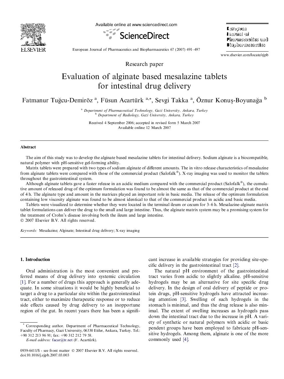 Evaluation of alginate based mesalazine tablets for intestinal drug delivery