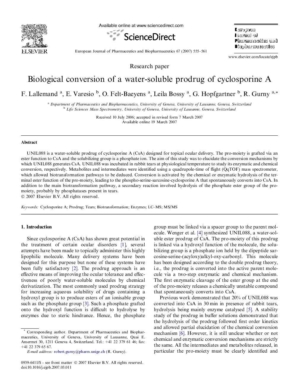 Biological conversion of a water-soluble prodrug of cyclosporine A