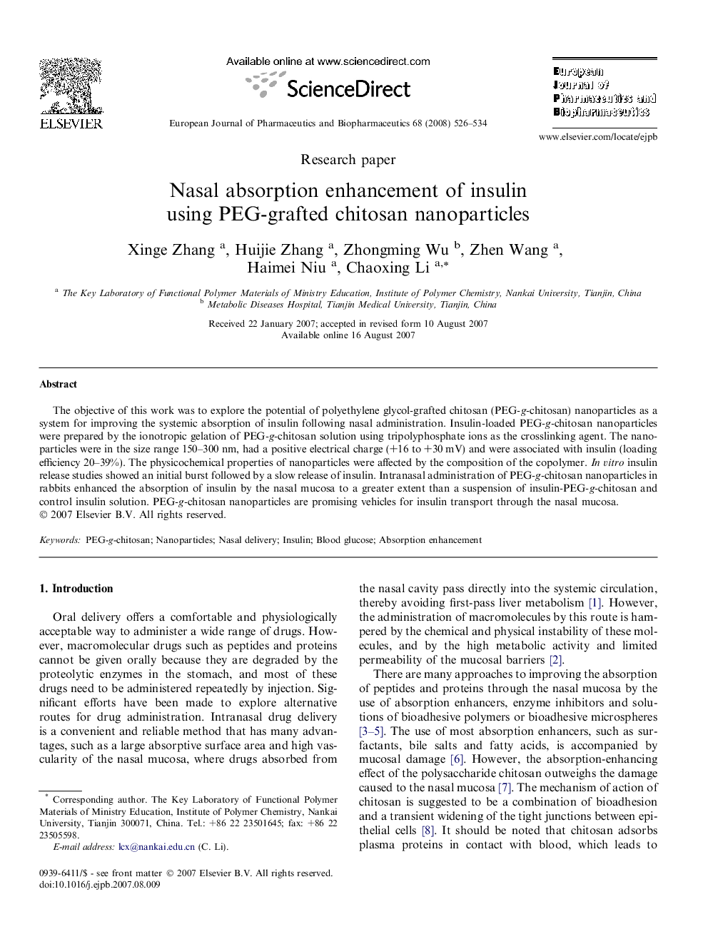 Nasal absorption enhancement of insulin using PEG-grafted chitosan nanoparticles