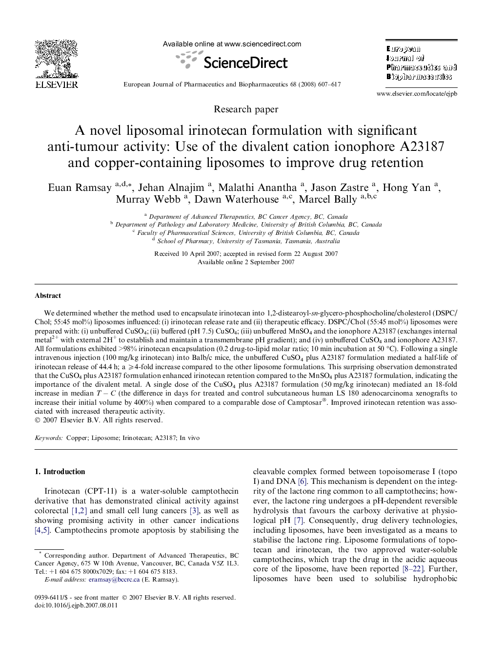 A novel liposomal irinotecan formulation with significant anti-tumour activity: Use of the divalent cation ionophore A23187 and copper-containing liposomes to improve drug retention