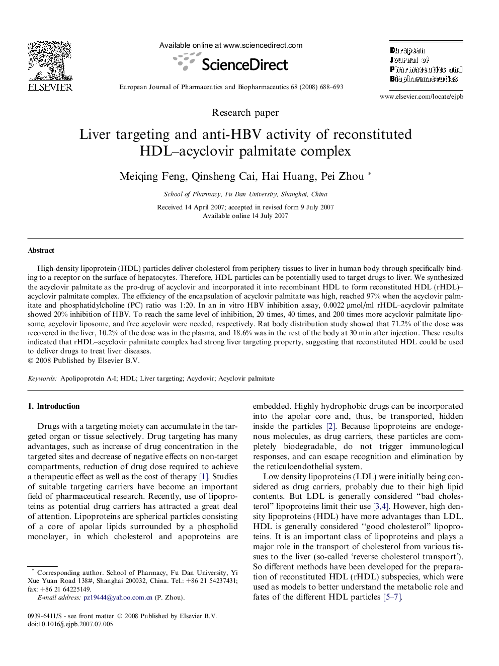 Liver targeting and anti-HBV activity of reconstituted HDL–acyclovir palmitate complex