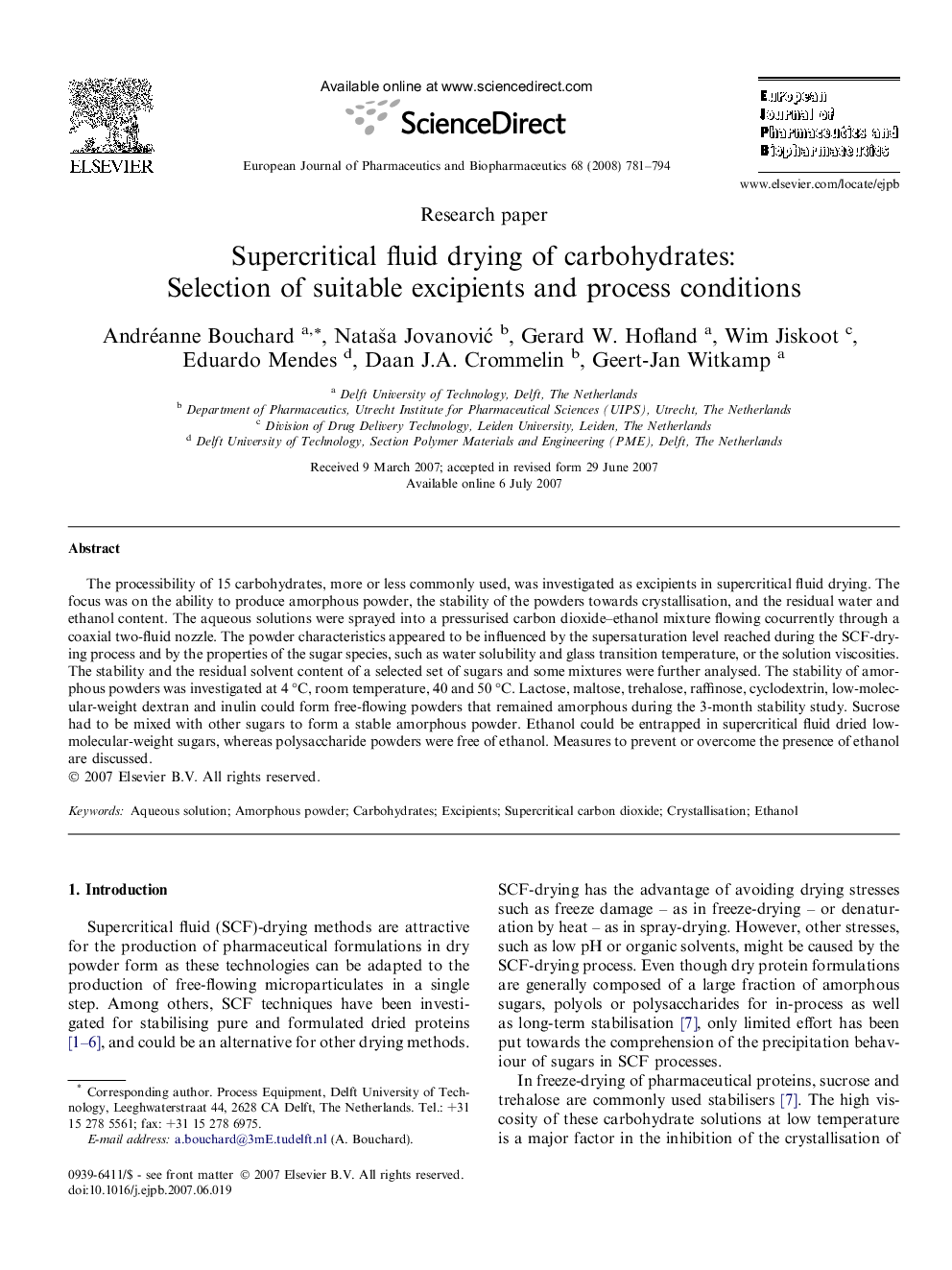 Supercritical fluid drying of carbohydrates: Selection of suitable excipients and process conditions