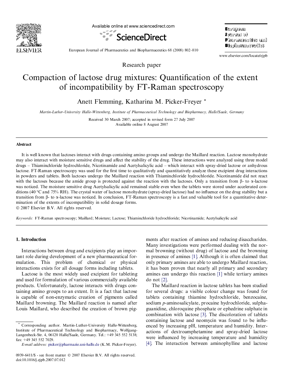 Compaction of lactose drug mixtures: Quantification of the extent of incompatibility by FT-Raman spectroscopy