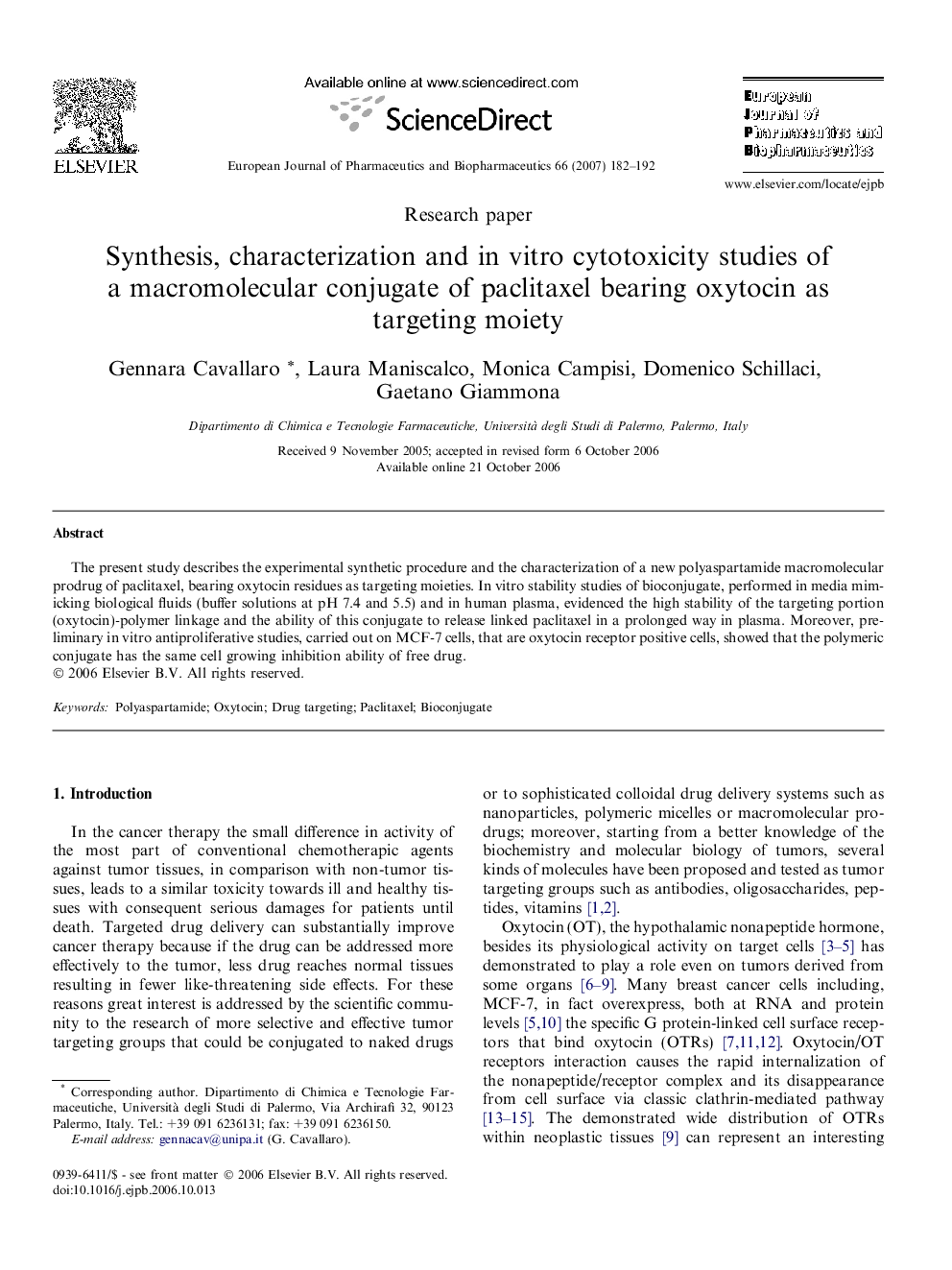 Synthesis, characterization and in vitro cytotoxicity studies of a macromolecular conjugate of paclitaxel bearing oxytocin as targeting moiety