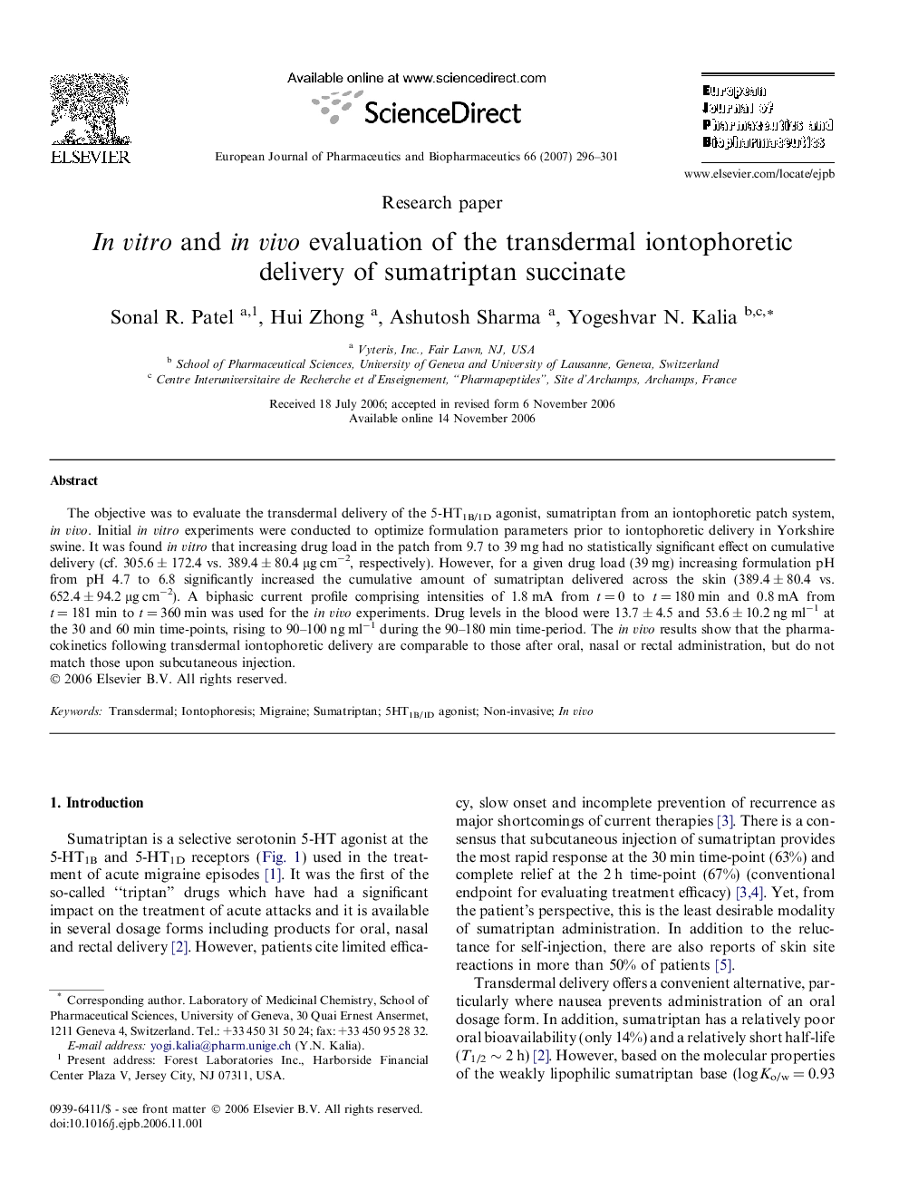 In vitro and in vivo evaluation of the transdermal iontophoretic delivery of sumatriptan succinate