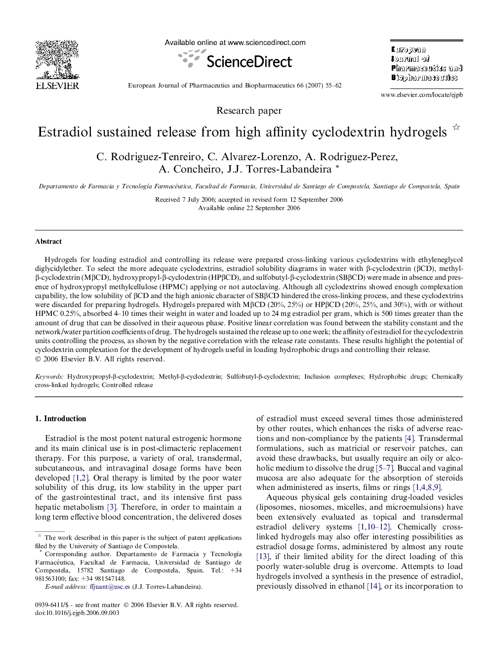 Estradiol sustained release from high affinity cyclodextrin hydrogels 