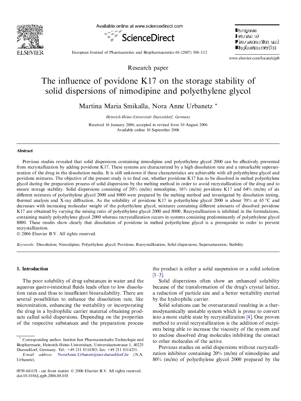 The influence of povidone K17 on the storage stability of solid dispersions of nimodipine and polyethylene glycol