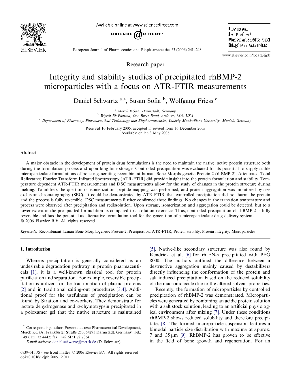 Integrity and stability studies of precipitated rhBMP-2 microparticles with a focus on ATR-FTIR measurements