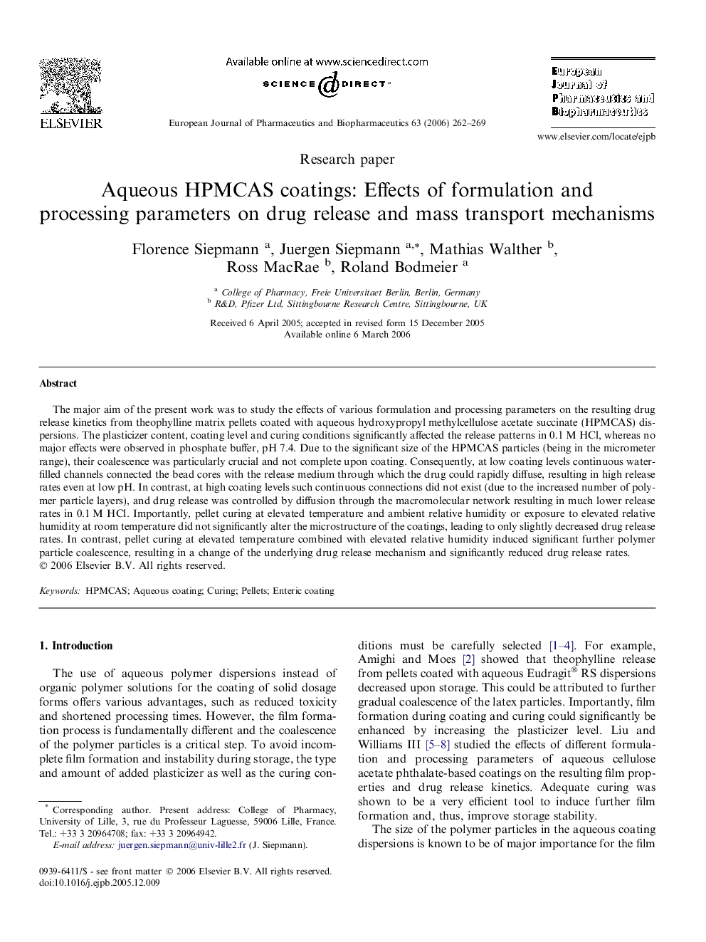 Aqueous HPMCAS coatings: Effects of formulation and processing parameters on drug release and mass transport mechanisms