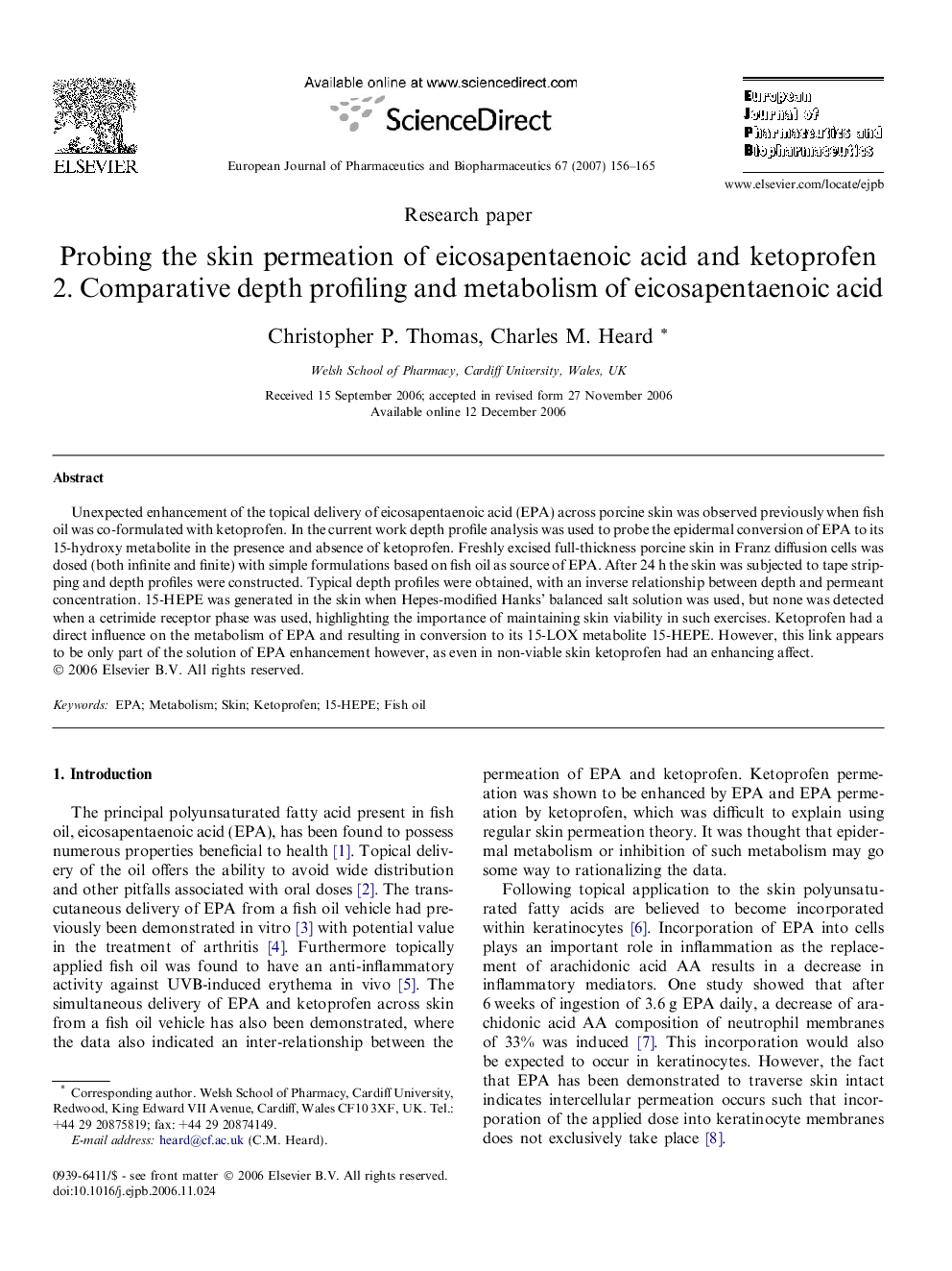 Probing the skin permeation of eicosapentaenoic acid and ketoprofen: 2. Comparative depth profiling and metabolism of eicosapentaenoic acid