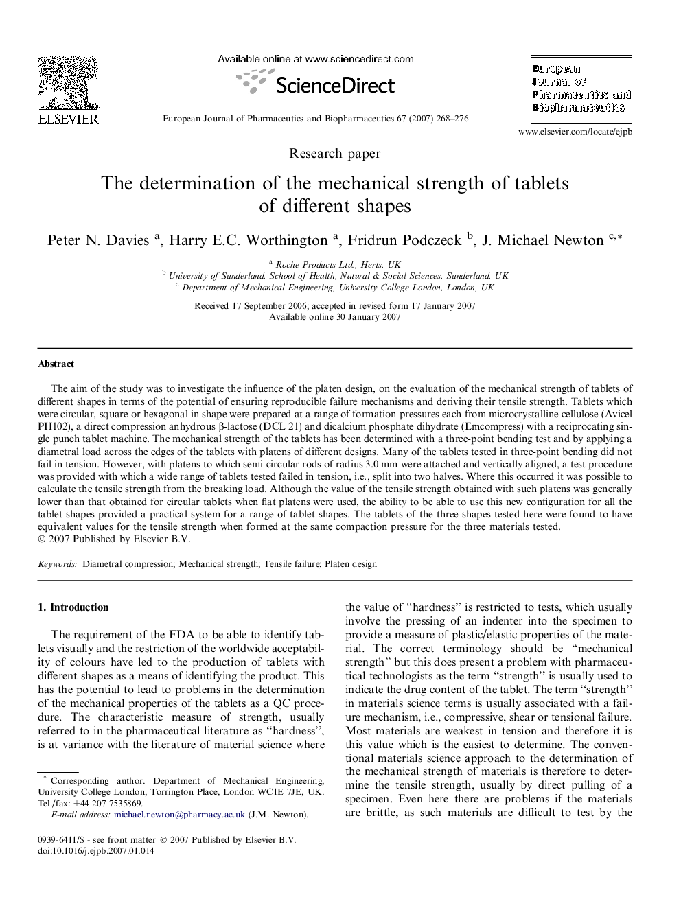 The determination of the mechanical strength of tablets of different shapes