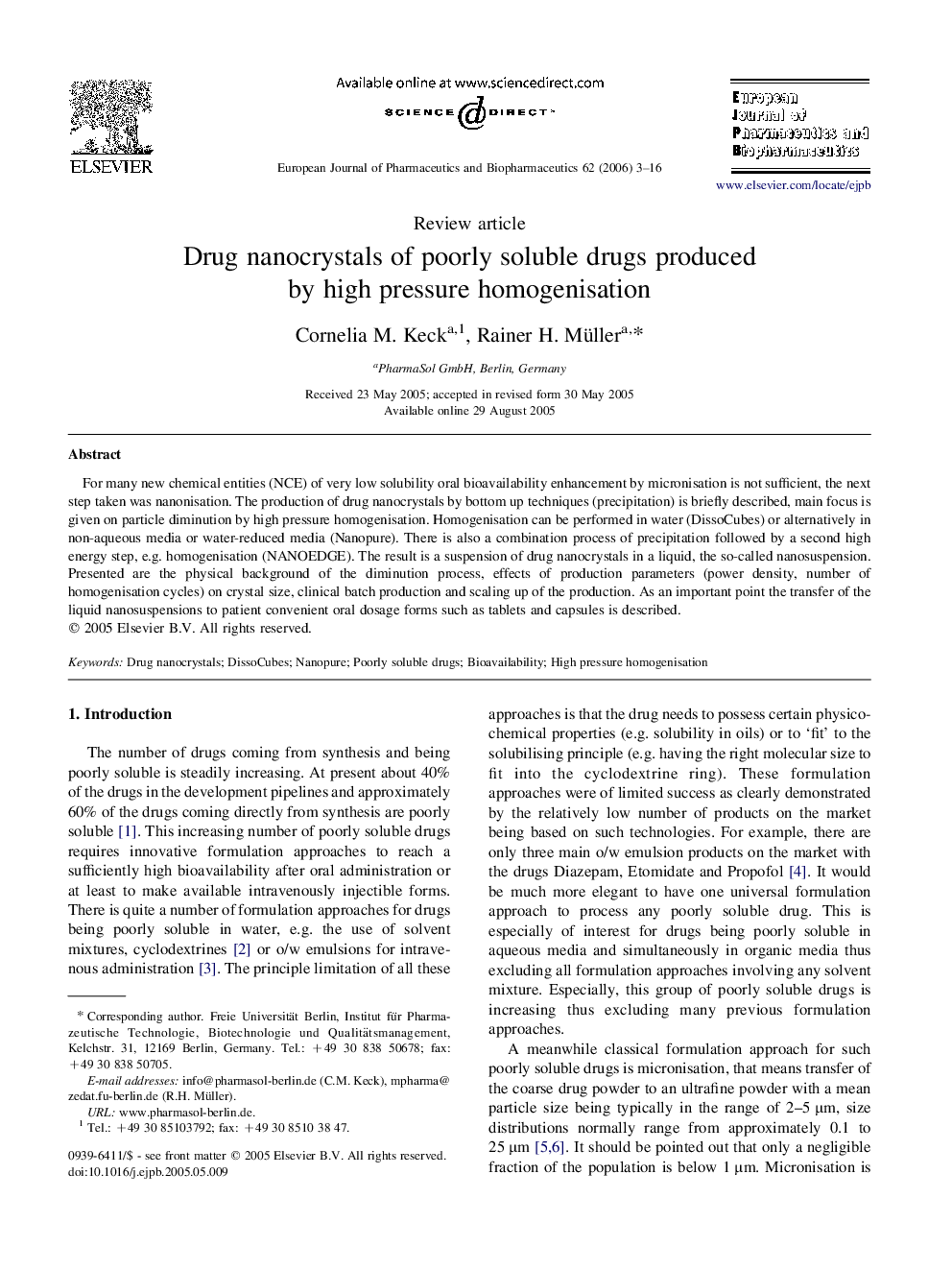 Drug nanocrystals of poorly soluble drugs produced by high pressure homogenisation