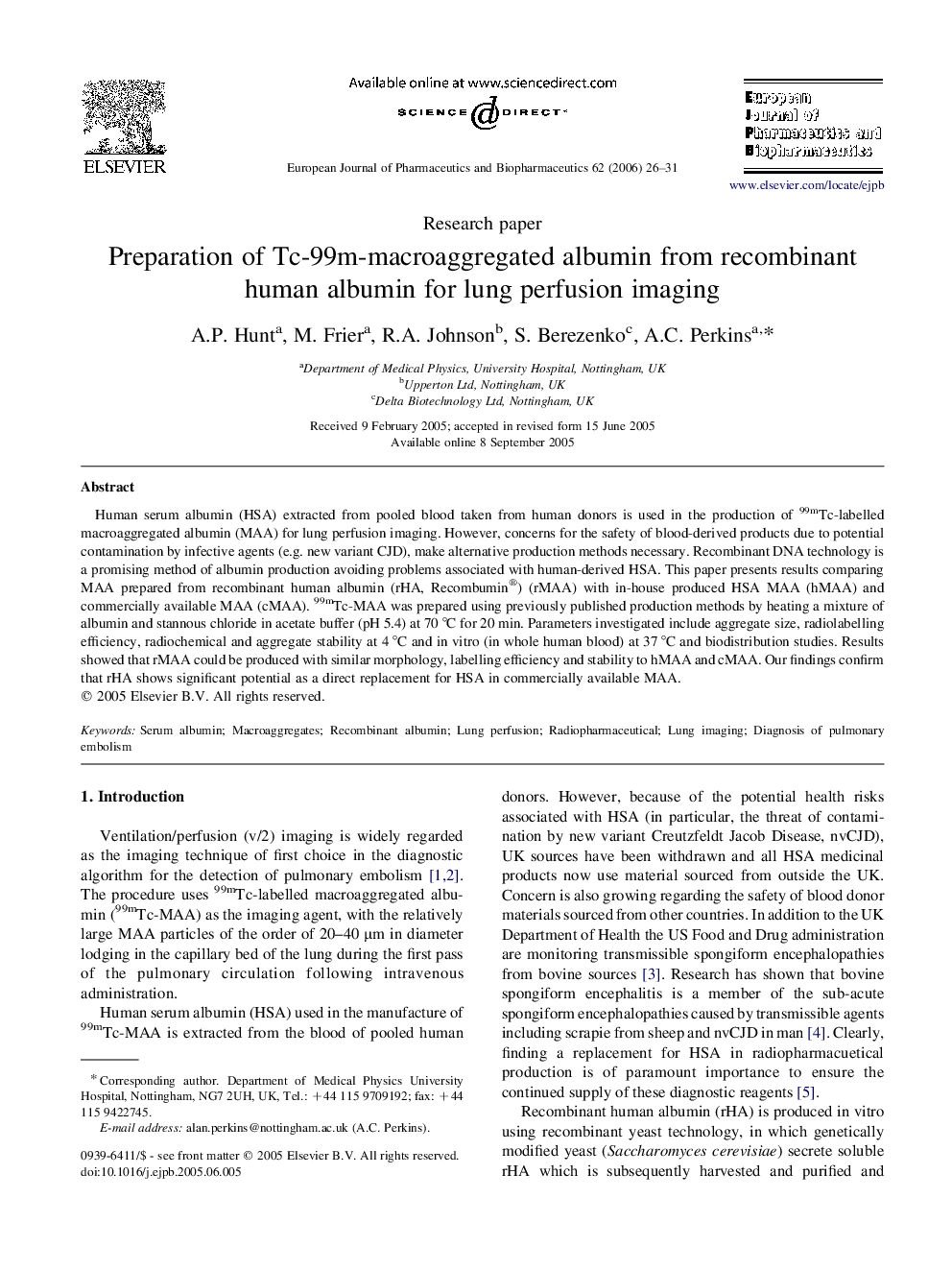 Preparation of Tc-99m-macroaggregated albumin from recombinant human albumin for lung perfusion imaging