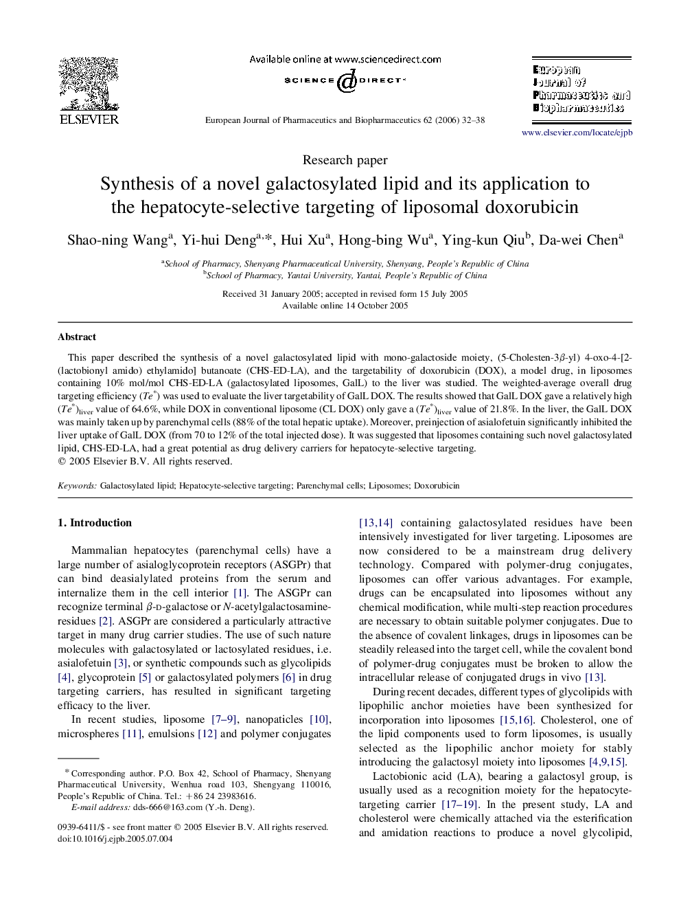 Synthesis of a novel galactosylated lipid and its application to the hepatocyte-selective targeting of liposomal doxorubicin