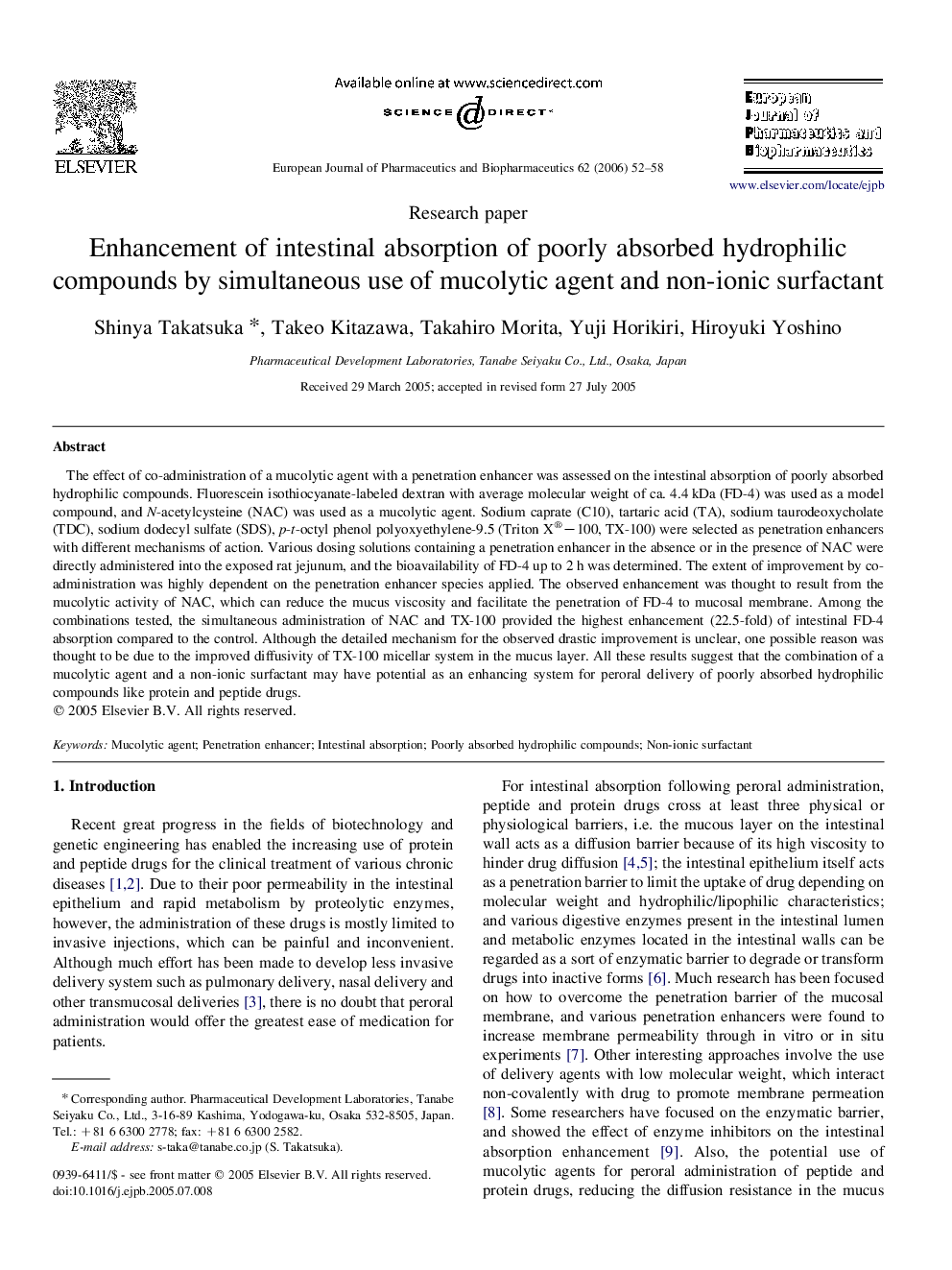 Enhancement of intestinal absorption of poorly absorbed hydrophilic compounds by simultaneous use of mucolytic agent and non-ionic surfactant