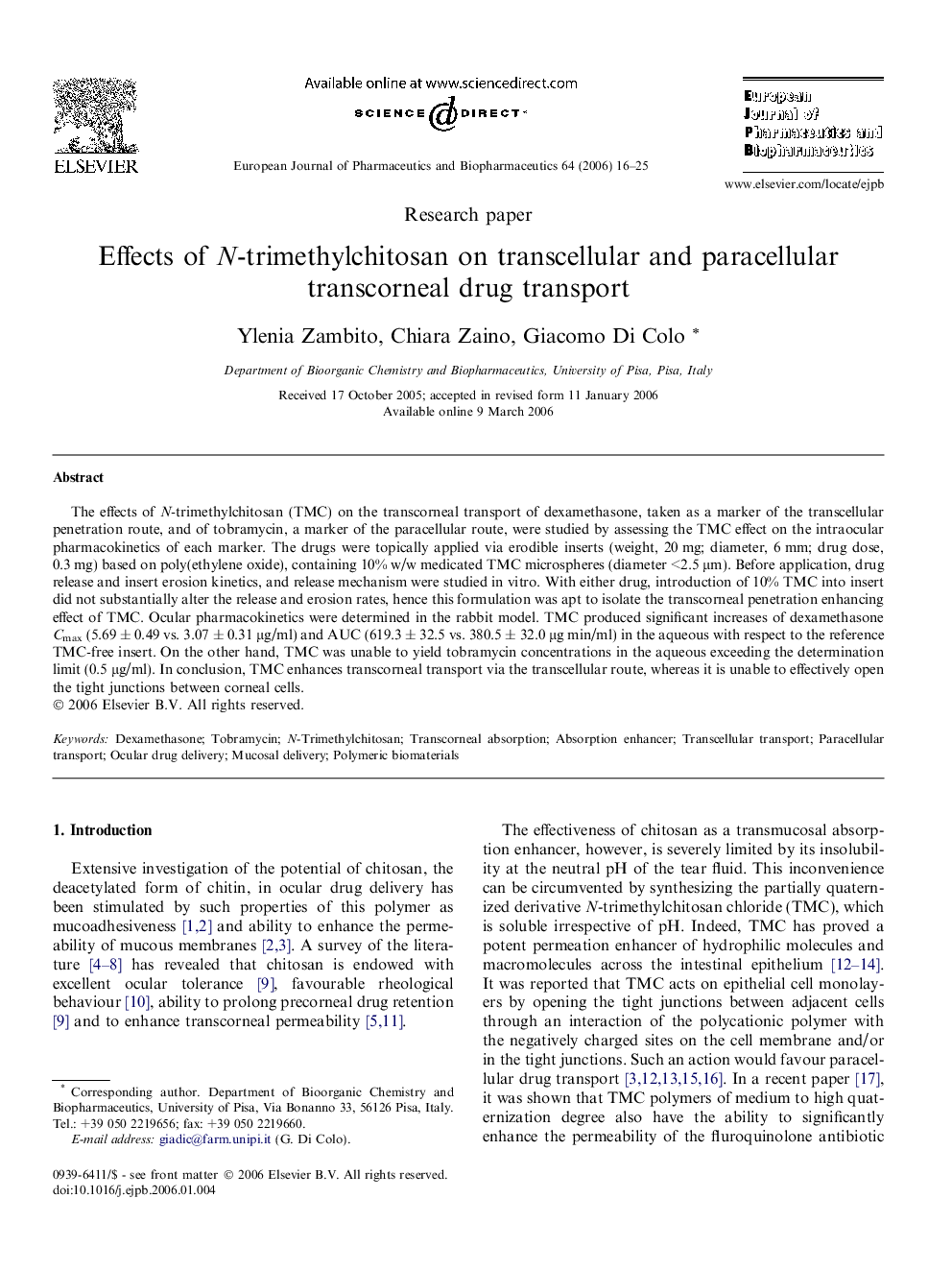 Effects of N-trimethylchitosan on transcellular and paracellular transcorneal drug transport