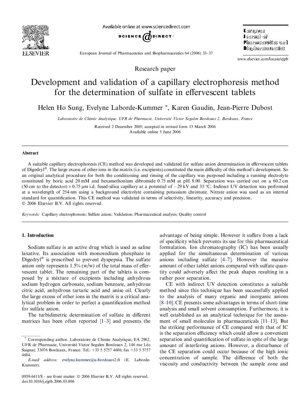 Development and validation of a capillary electrophoresis method for the determination of sulfate in effervescent tablets