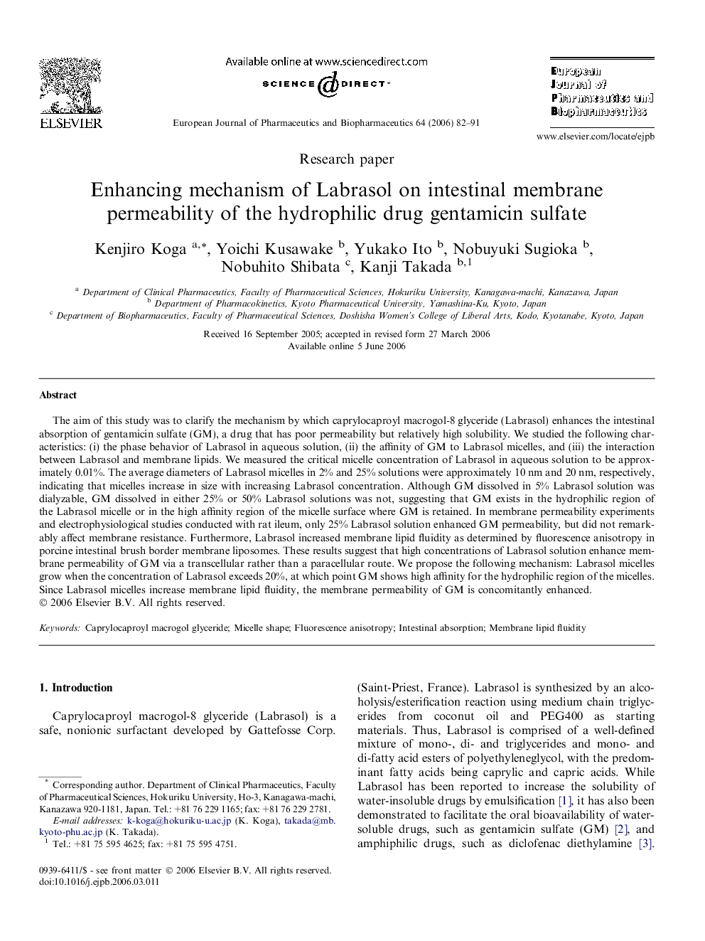 Enhancing mechanism of Labrasol on intestinal membrane permeability of the hydrophilic drug gentamicin sulfate