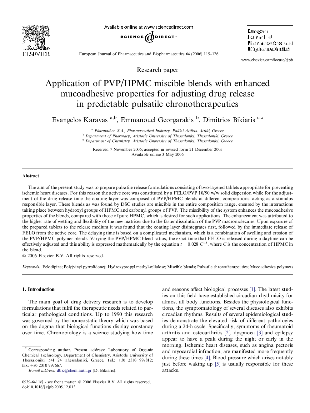 Application of PVP/HPMC miscible blends with enhanced mucoadhesive properties for adjusting drug release in predictable pulsatile chronotherapeutics