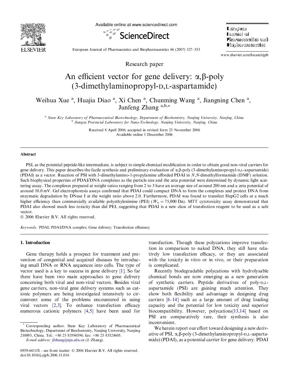 An efficient vector for gene delivery: α,β-poly (3-dimethylaminopropyl-d,l-aspartamide)