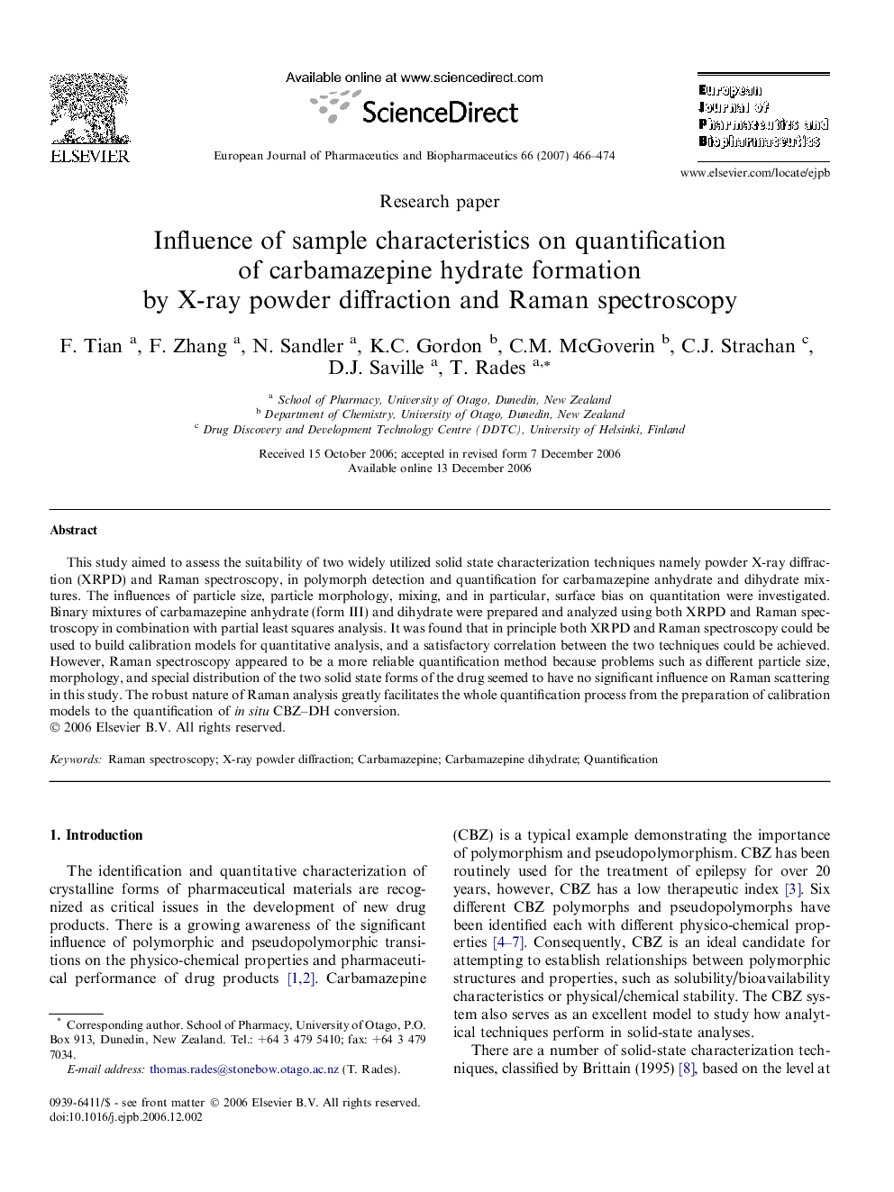 Influence of sample characteristics on quantification of carbamazepine hydrate formation by X-ray powder diffraction and Raman spectroscopy