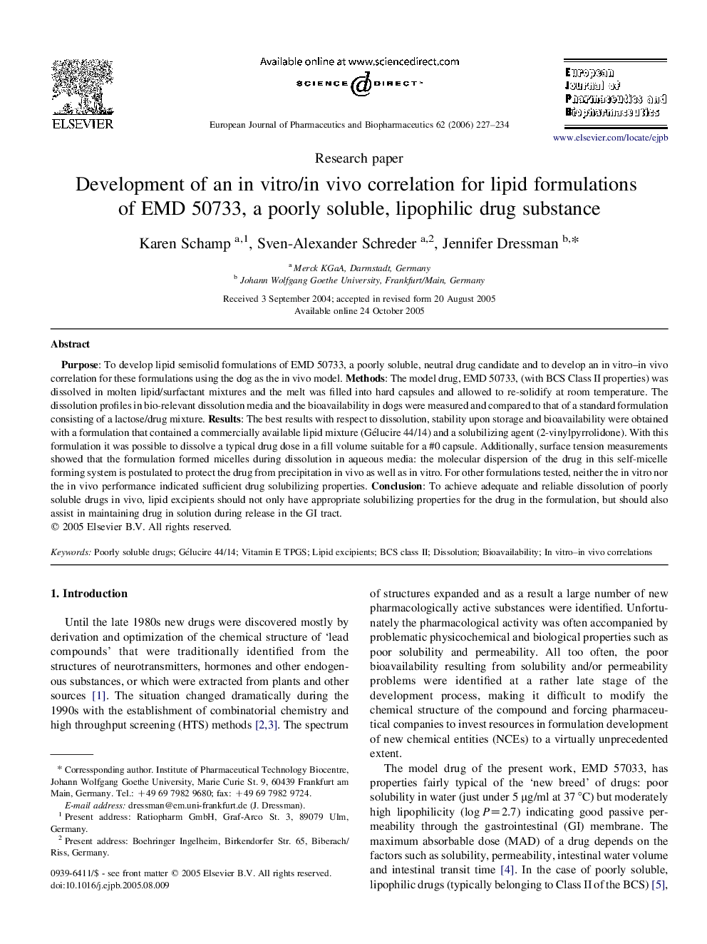 Development of an in vitro/in vivo correlation for lipid formulations of EMD 50733, a poorly soluble, lipophilic drug substance