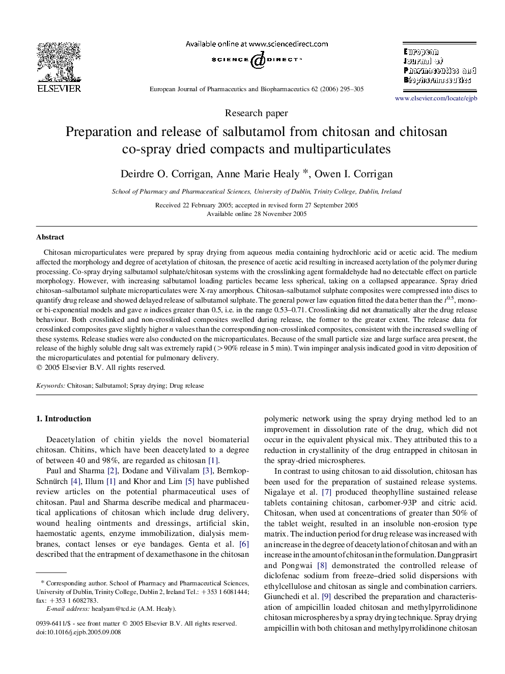 Preparation and release of salbutamol from chitosan and chitosan co-spray dried compacts and multiparticulates