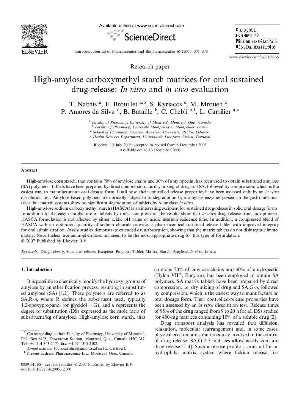 High-amylose carboxymethyl starch matrices for oral sustained drug-release: In vitro and in vivo evaluation