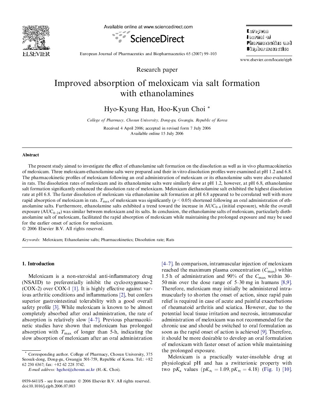 Improved absorption of meloxicam via salt formation with ethanolamines