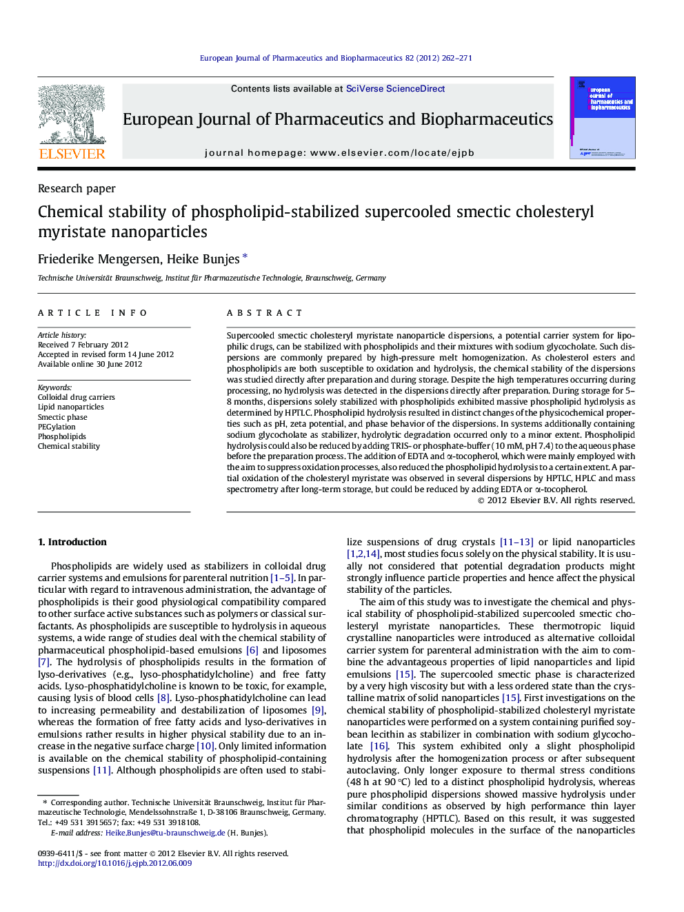 Chemical stability of phospholipid-stabilized supercooled smectic cholesteryl myristate nanoparticles