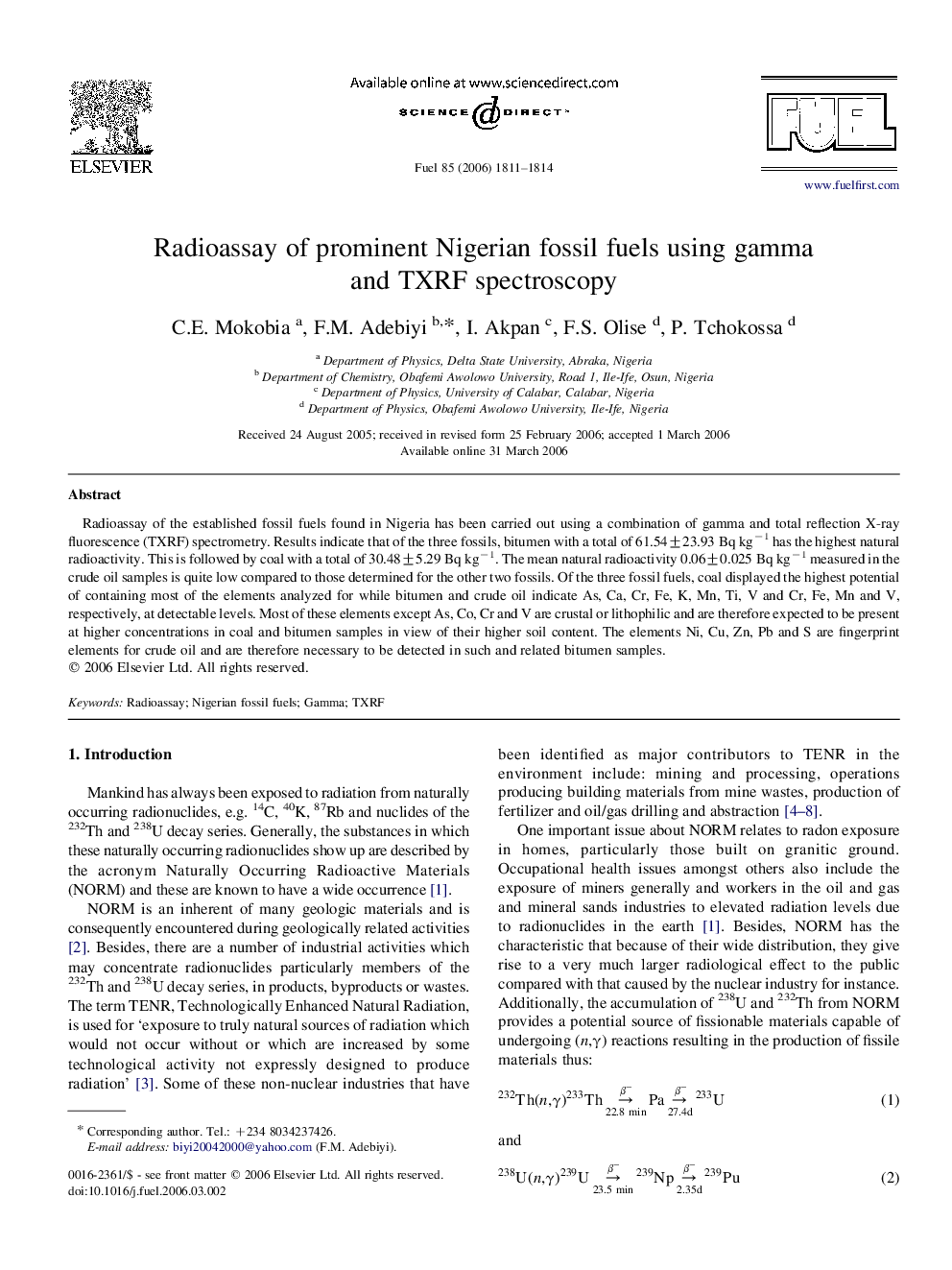 عکس صفحه اول مقاله: Radioassay of prominent Nigerian fossil fuels using gamma and TXRF spectroscopy Radioassay of prominent Nigerian fossil fuels using gamma and TXRF spectroscopy