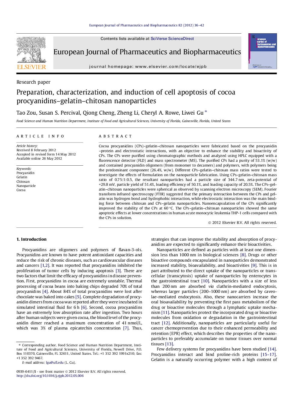 Preparation, characterization, and induction of cell apoptosis of cocoa procyanidins–gelatin–chitosan nanoparticles