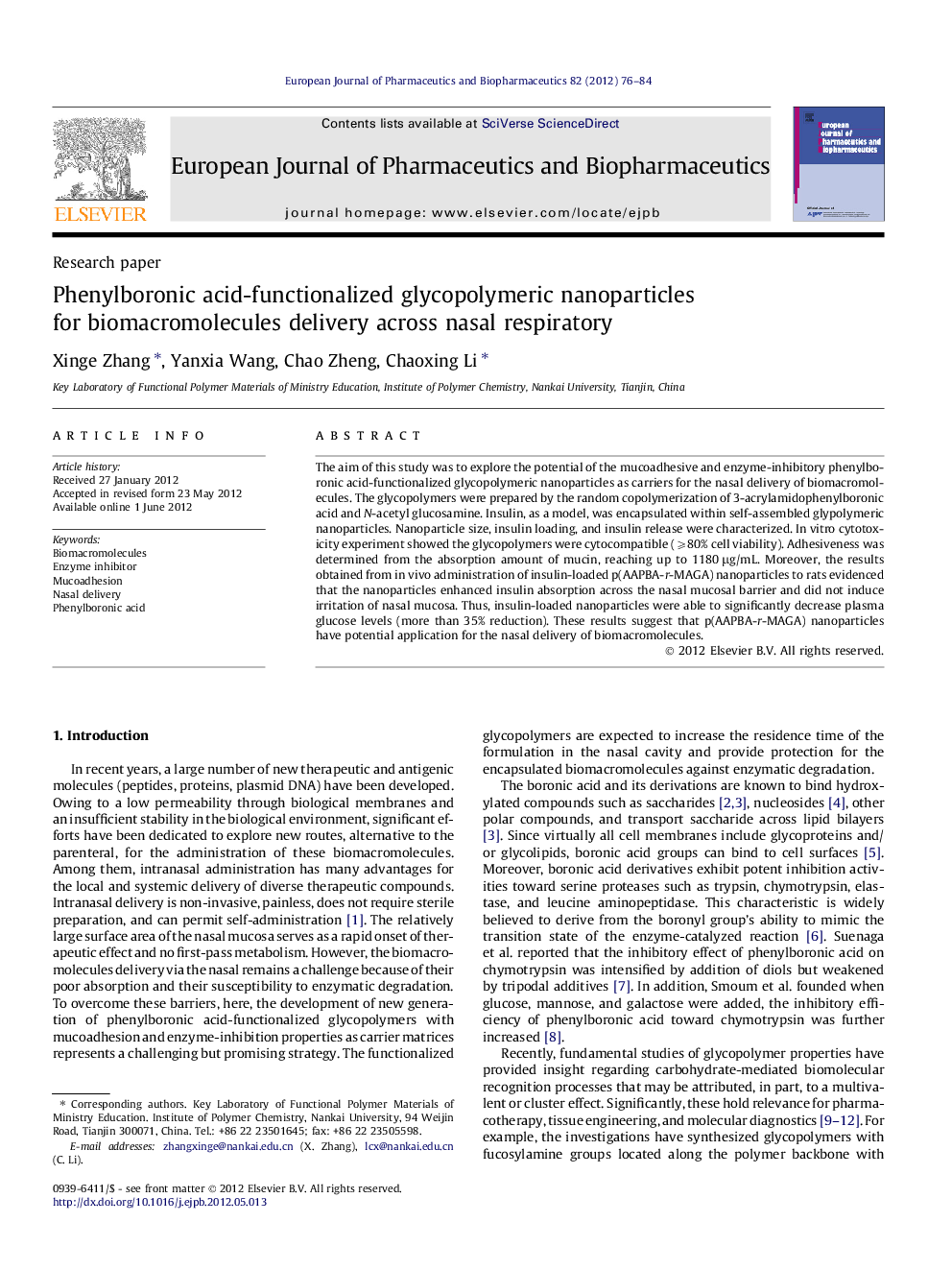 Phenylboronic acid-functionalized glycopolymeric nanoparticles for biomacromolecules delivery across nasal respiratory