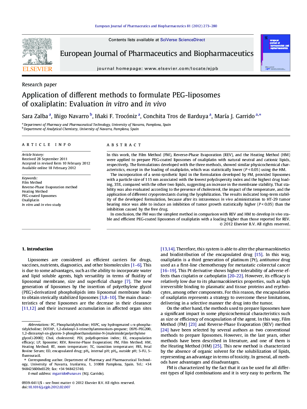 Application of different methods to formulate PEG-liposomes of oxaliplatin: Evaluation in vitro and in vivo