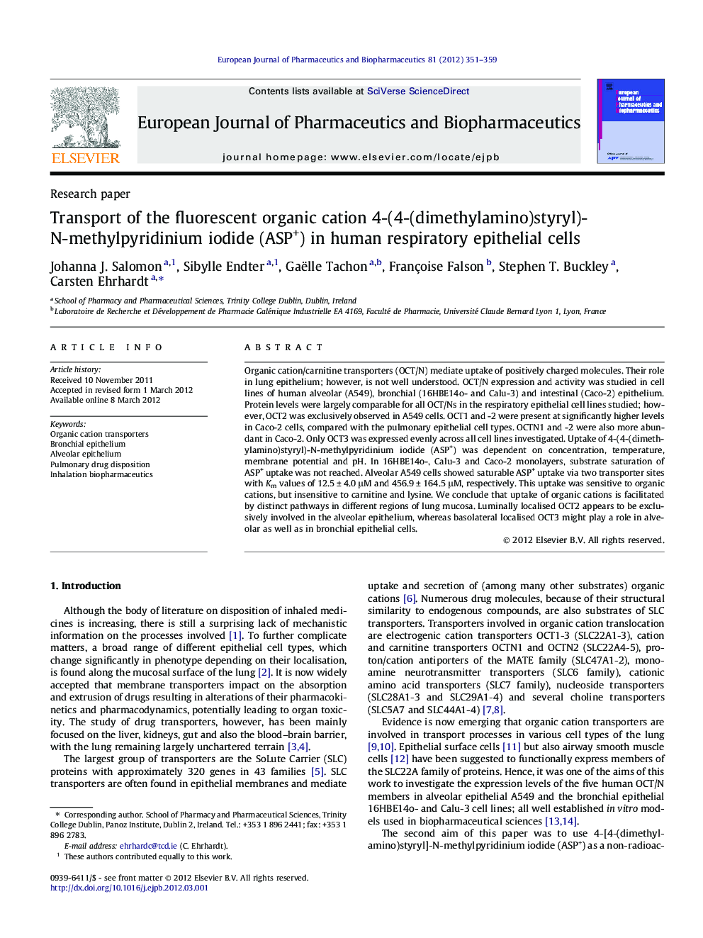 Transport of the fluorescent organic cation 4-(4-(dimethylamino)styryl)-N-methylpyridinium iodide (ASP+) in human respiratory epithelial cells