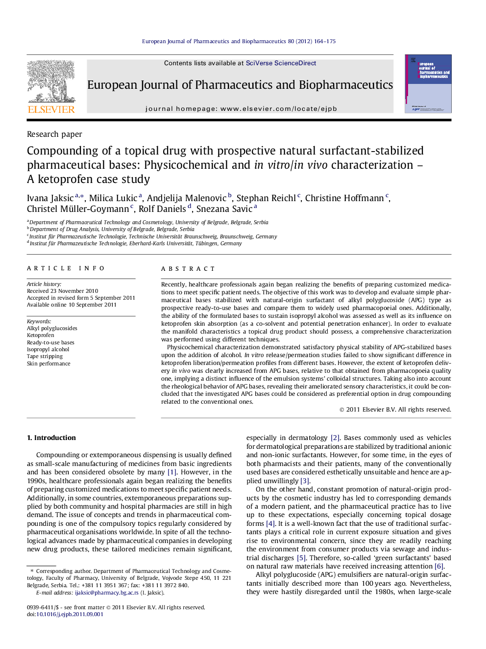 Compounding of a topical drug with prospective natural surfactant-stabilized pharmaceutical bases: Physicochemical and in vitro/in vivo characterization – A ketoprofen case study