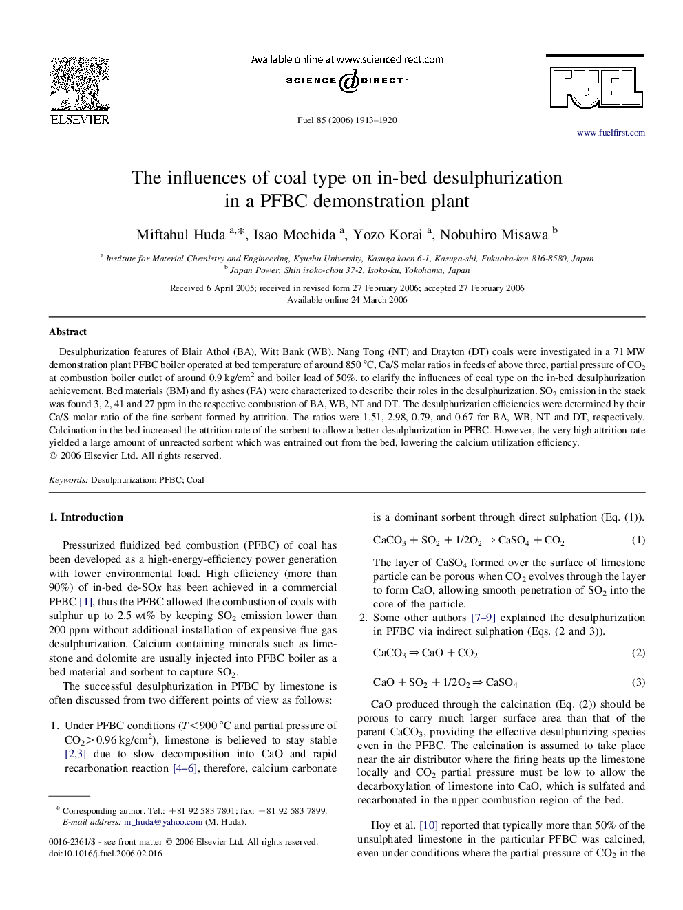 The influences of coal type on in-bed desulphurization in a PFBC demonstration plant