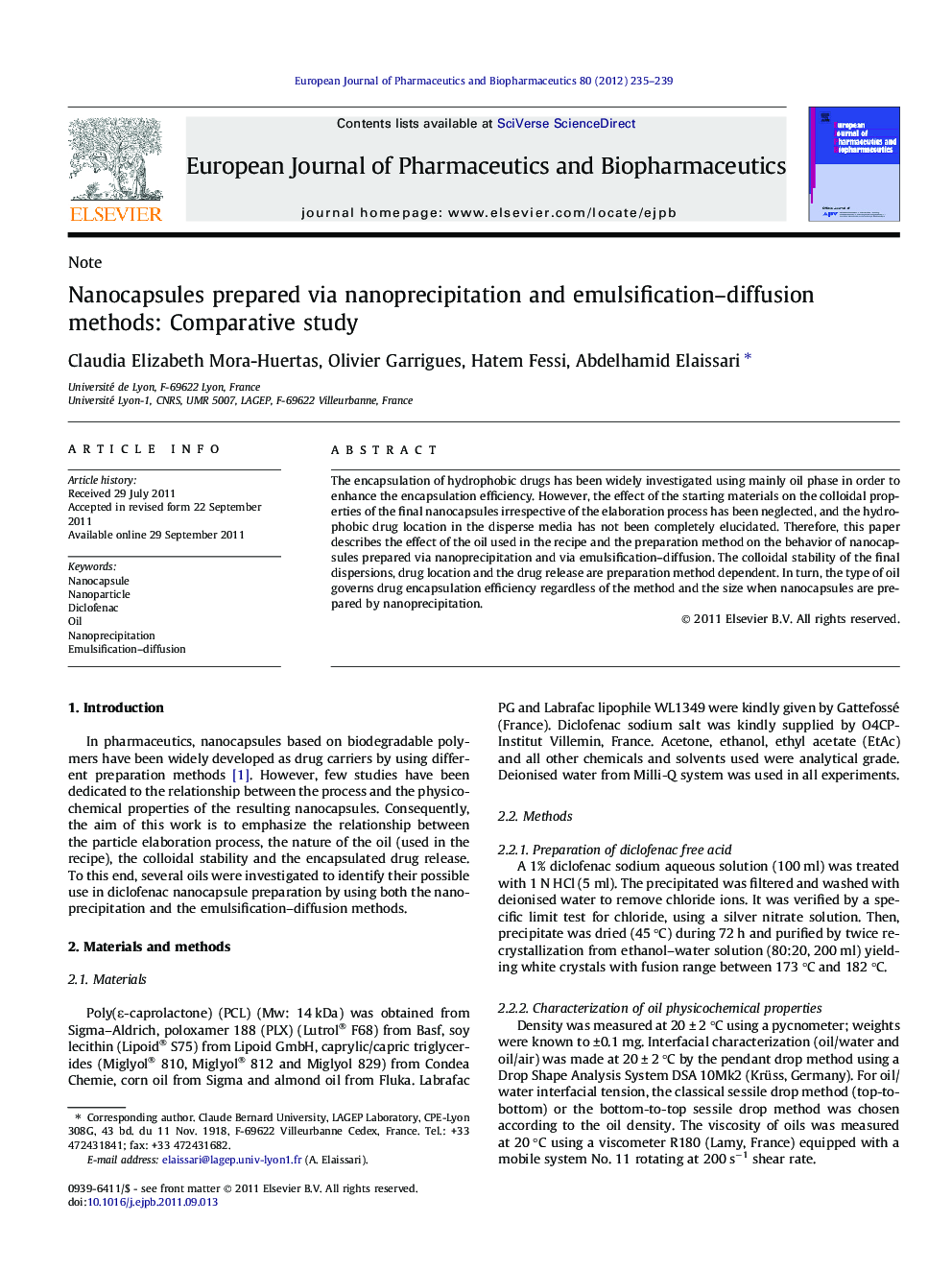 Nanocapsules prepared via nanoprecipitation and emulsification–diffusion methods: Comparative study