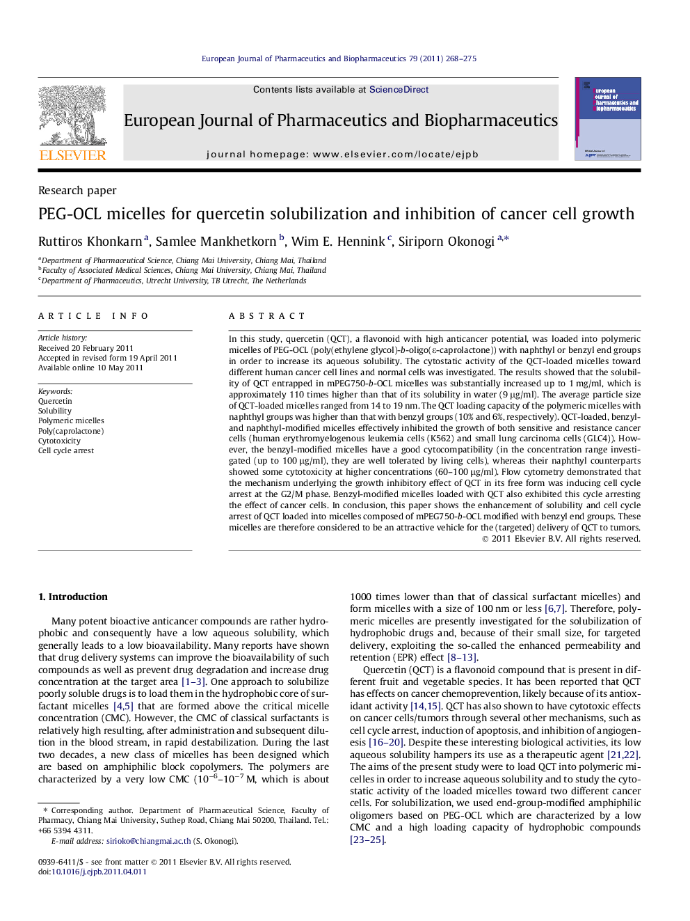 PEG-OCL micelles for quercetin solubilization and inhibition of cancer cell growth