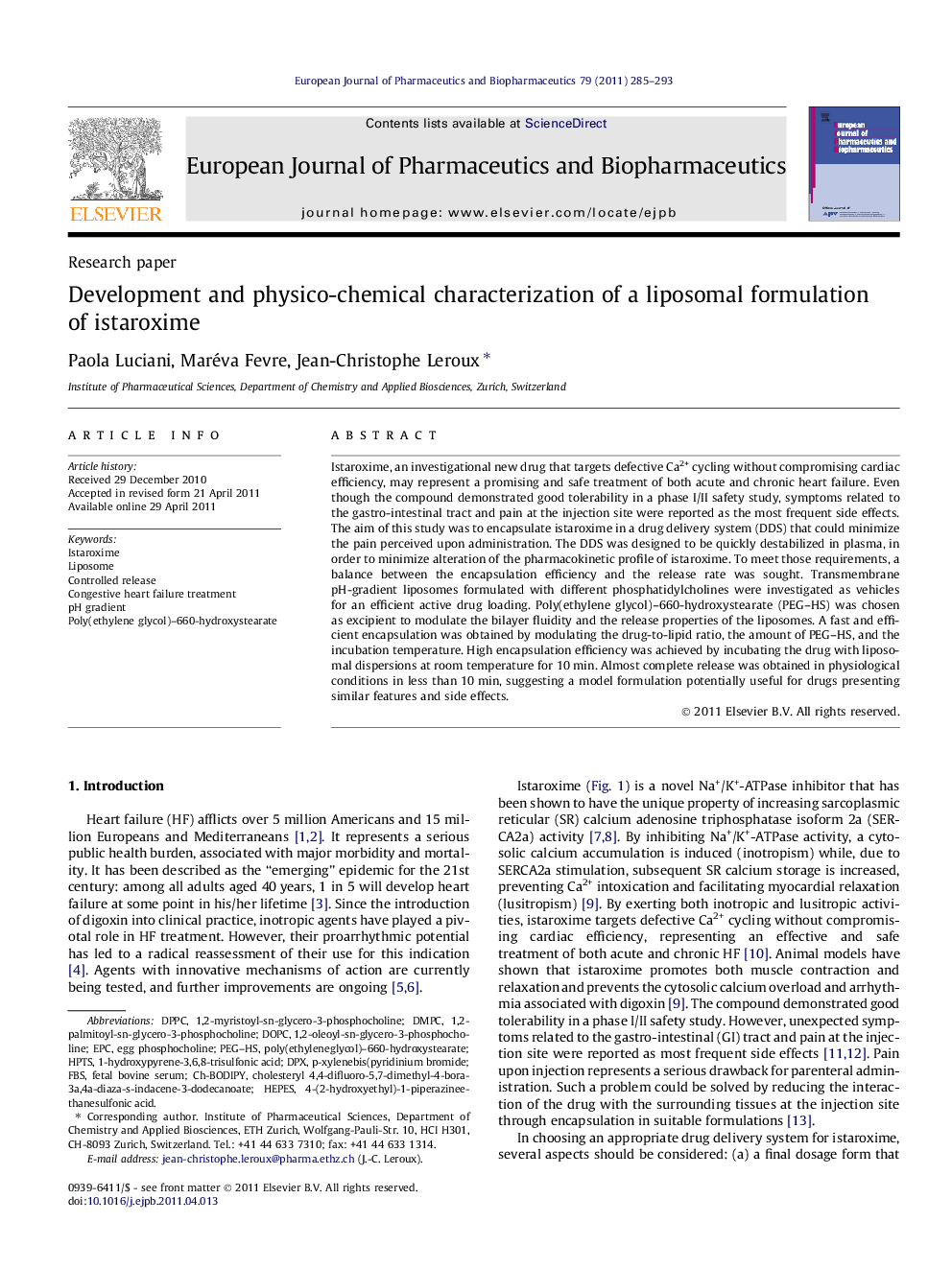 Development and physico-chemical characterization of a liposomal formulation of istaroxime