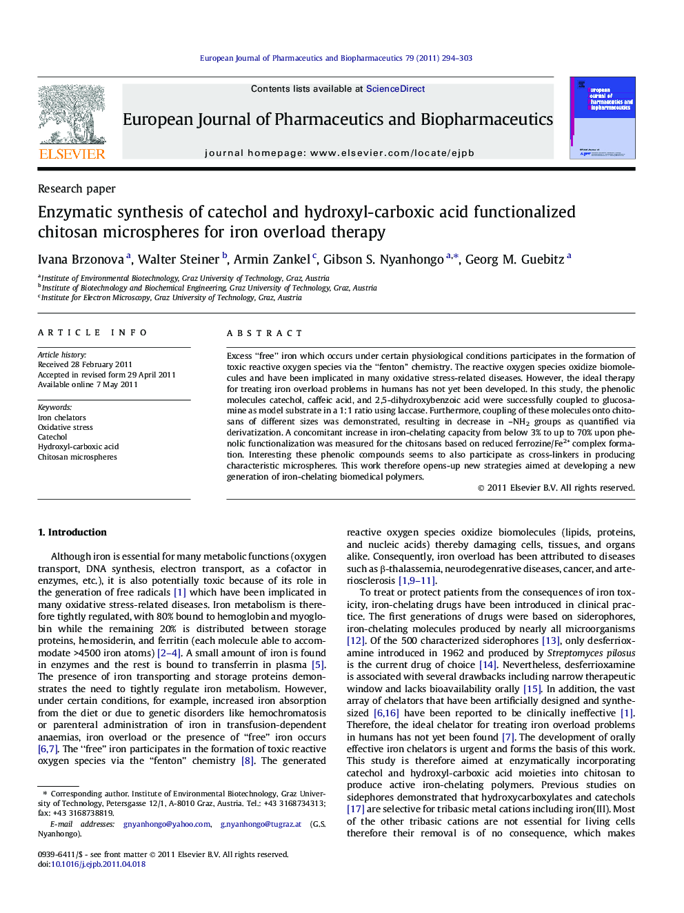 Enzymatic synthesis of catechol and hydroxyl-carboxic acid functionalized chitosan microspheres for iron overload therapy