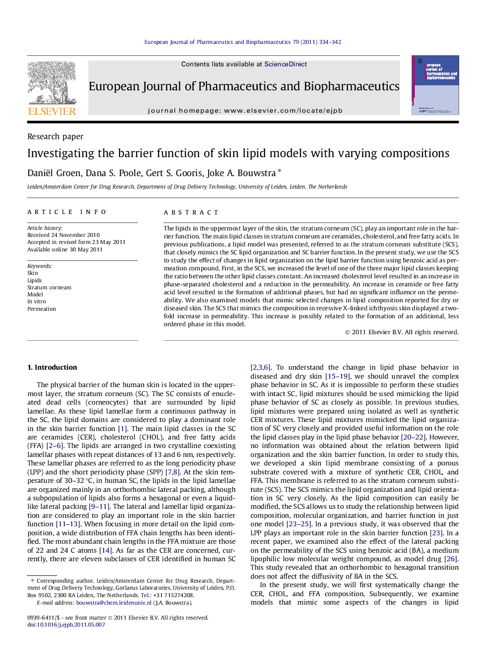 عکس صفحه اول مقاله: Investigating the barrier function of skin lipid models with varying compositions Investigating the barrier function of skin lipid models with varying compositions