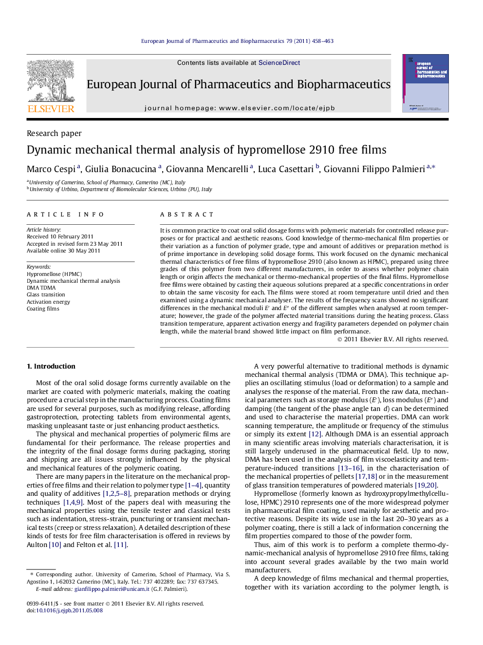 Dynamic mechanical thermal analysis of hypromellose 2910 free films