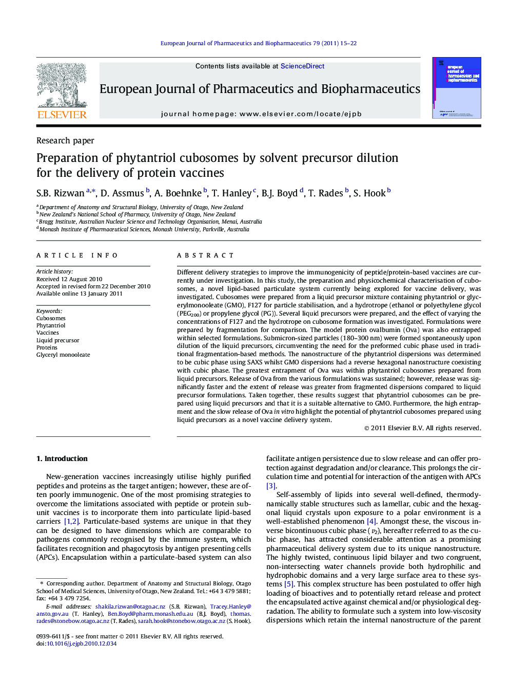 Preparation of phytantriol cubosomes by solvent precursor dilution for the delivery of protein vaccines