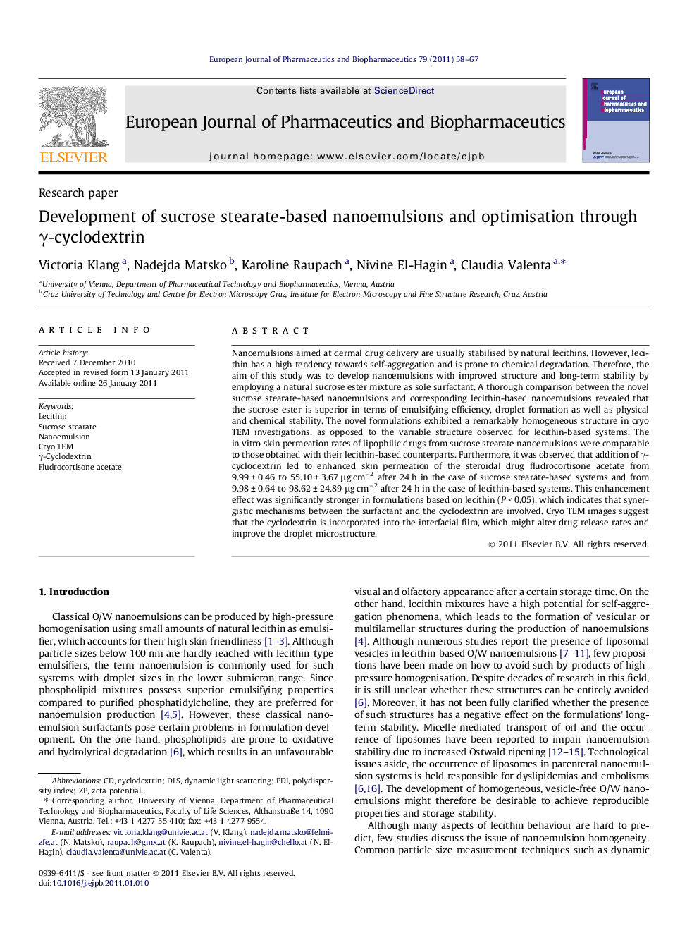 Development of sucrose stearate-based nanoemulsions and optimisation through γ-cyclodextrin