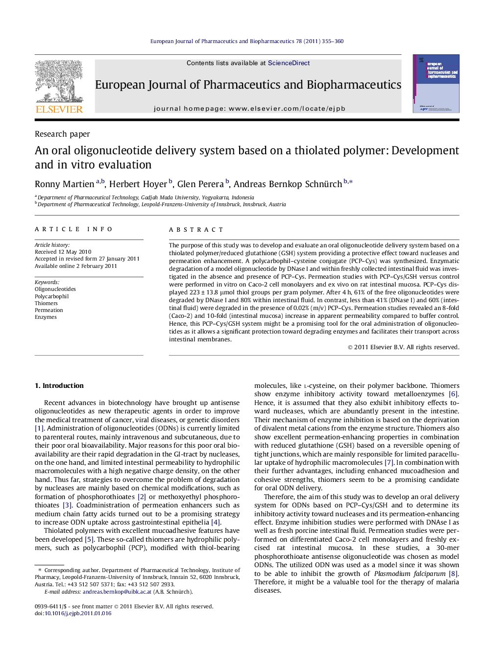 An oral oligonucleotide delivery system based on a thiolated polymer: Development and in vitro evaluation