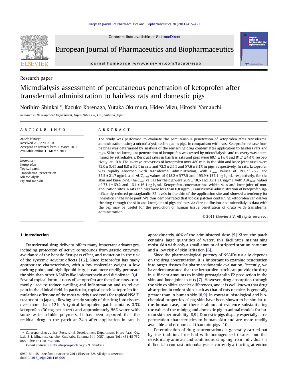 Microdialysis assessment of percutaneous penetration of ketoprofen after transdermal administration to hairless rats and domestic pigs